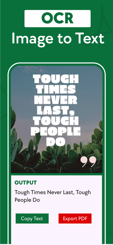 Interface do aplicativo PDF Converter mostrando a ferramenta OCR extraindo texto de uma imagem de citação motivacional.