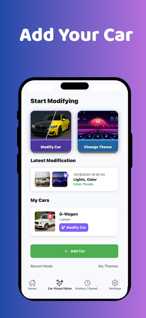 Modify - AI Car Mods & Theme - The Add Your Car screen of the Modify AI app showing vehicle modification options.