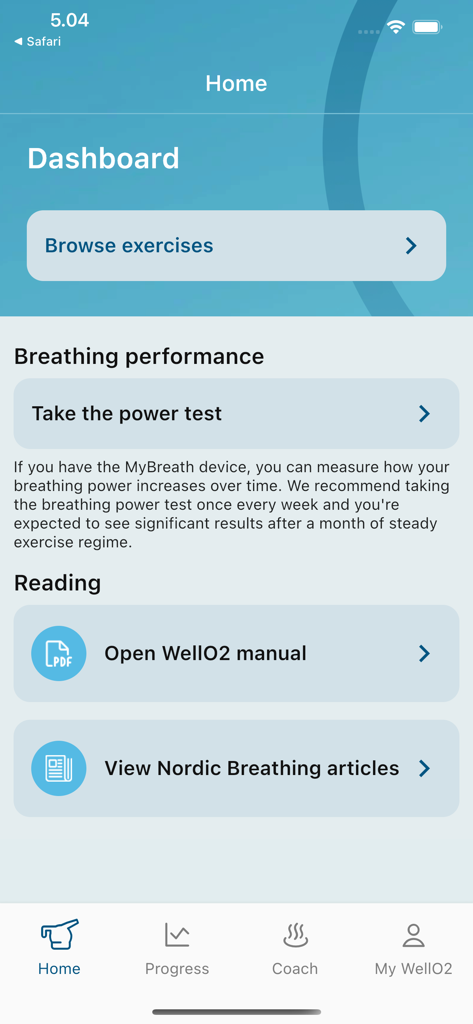 WellO2アプリのホームダッシュボード、呼吸パフォーマンステスト、エクササイズ、資料のオプションを表示