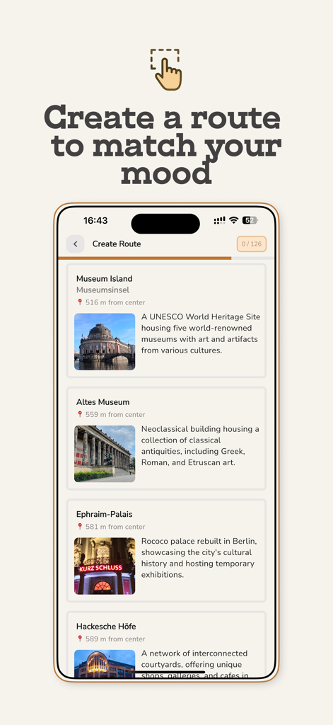 Walky: Walking Tours & Routes - Interfaz de la aplicación Walky que muestra una lista de puntos de interés en Berlín para crear un paseo personalizado