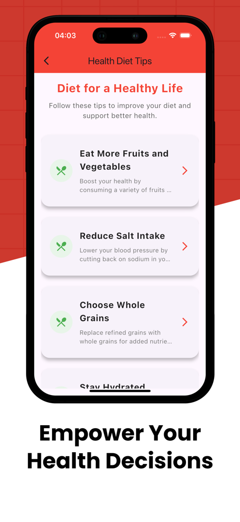 Blood Pressure Tracker & Info - App interface displaying dietary tips to improve blood pressure and heart health