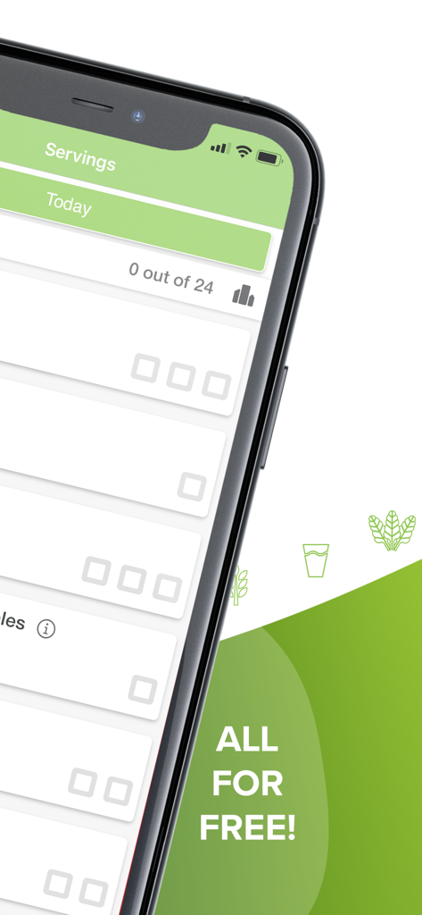 Dr. Greger’s Daily Dozen - Smartphone screen showing the daily servings checklist in the Dr Gregers Daily Dozen app with text saying All For Free.