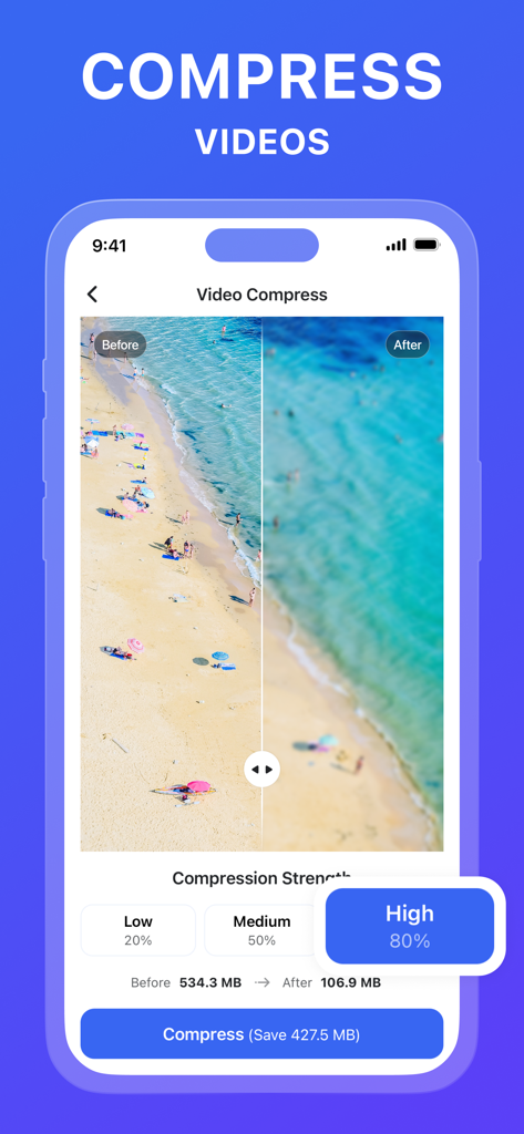 Ora Cleaner app interface showing video compression settings with a before and after comparison and 80 percent storage savings
