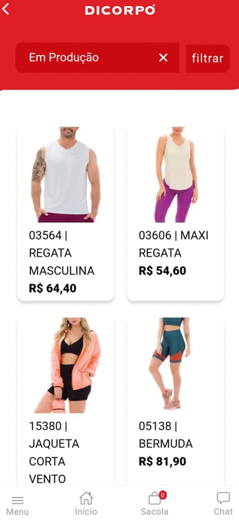 Die Dicorpo-Mobile-App zeigt einen digitalen Katalog von Fitness- und Freizeitbekleidungsprodukten für Wiederverkäufer.