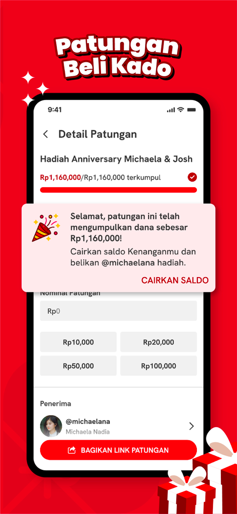 Kenangan.com - Interface de l'application Kenangan montrant un cadeau de groupe financé à 100 % pour un anniversaire