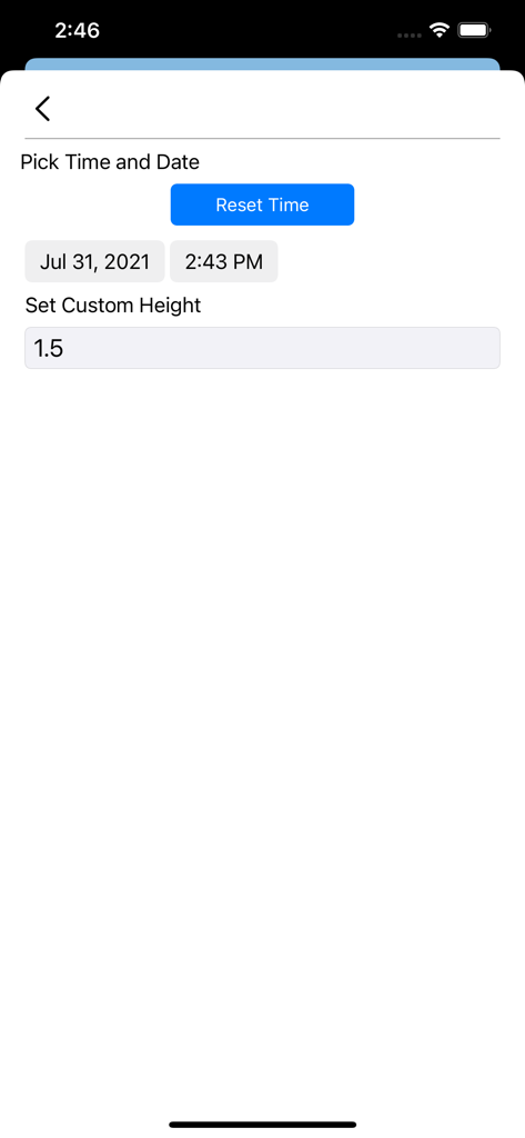 Sun Calculator app interface for choosing date time and custom object height