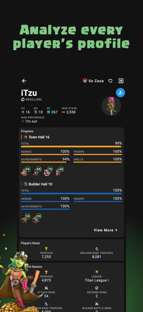 Clash of Stats - Un écran d'analyse détaillé du profil de joueur de Clash of Clans affichant la progression de l'hôtel de ville, les niveaux de héros et les statistiques saisonnières.