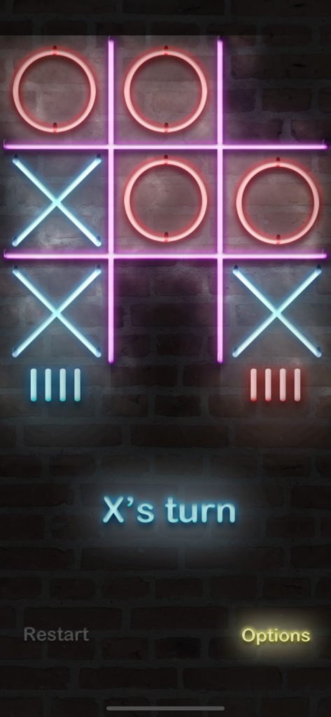 Tic Tac Toe - FULL GAME - Tablero de juego de Tic Tac Toe de neón con marcas X en azul brillante y O en rojo sobre un fondo de pared de ladrillos oscuros