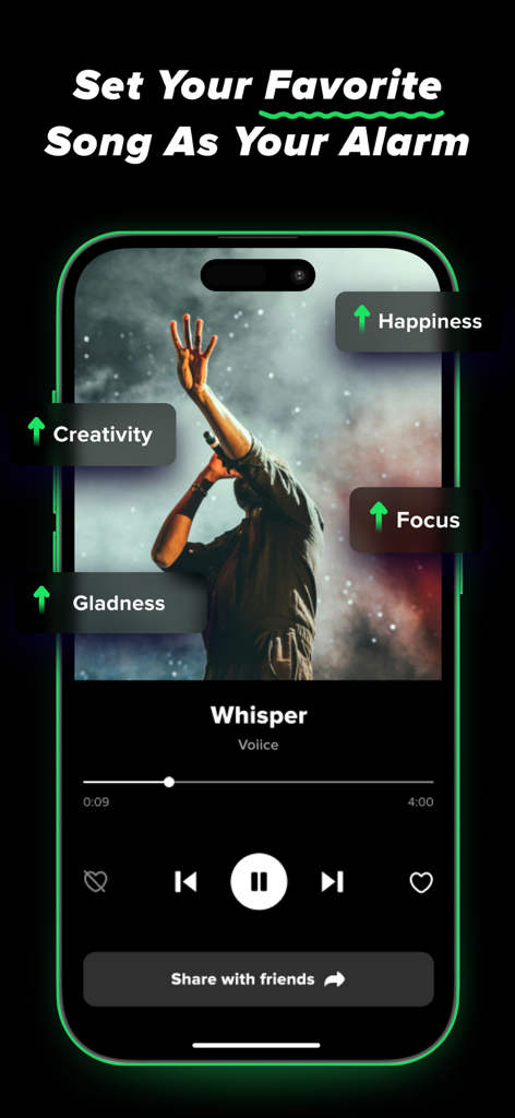 Smartphone screen showing the Alarm Clock App for Spotify interface with the headline Set Your Favorite Song As Your Alarm
