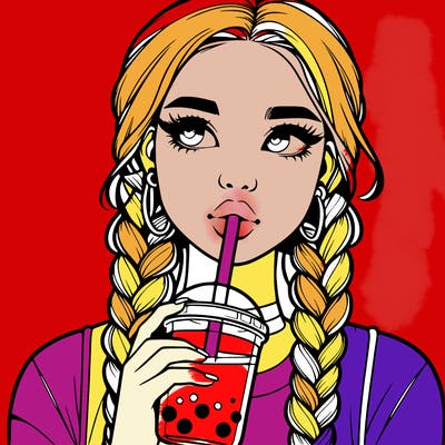 realistic girl with braided hair drinking boba