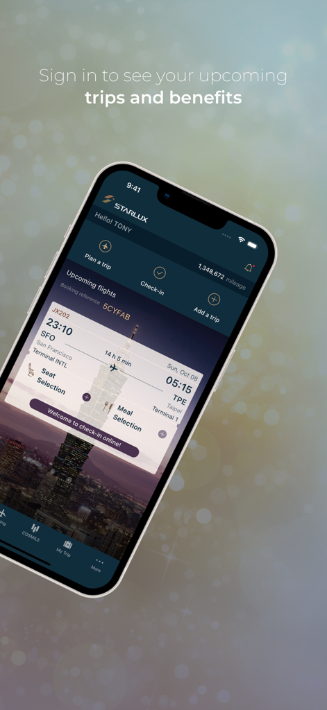 Tela de smartphone exibindo o aplicativo STARLUX Airlines com detalhes de voo futuro de São Francisco para Taipei e saldo de milhagem.