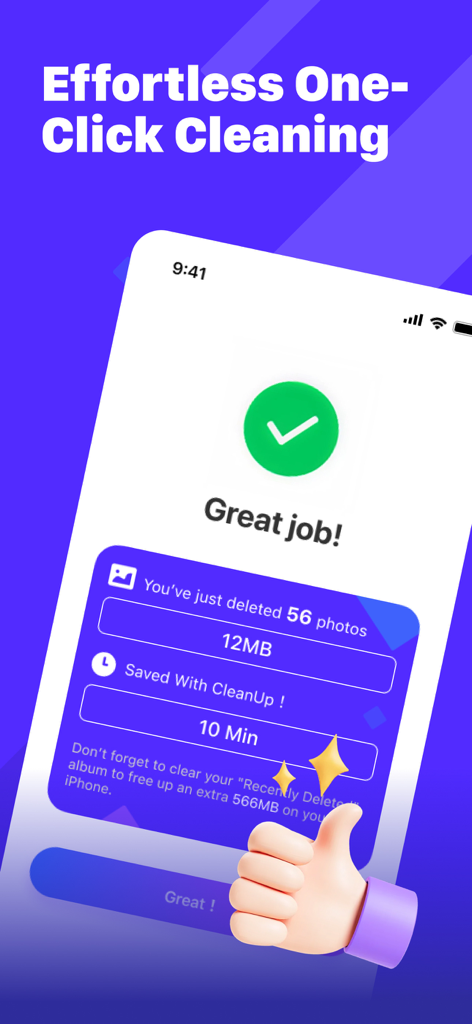 ClarioClean - ClarioClean app success screen showing storage saved and photos deleted with a thumbs up
