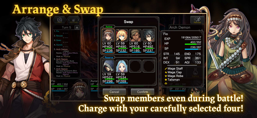 Interfaz de batalla del juego de RPG Astral Takers mostrando el menú de cambio de personajes con miembros activos y de reserva.