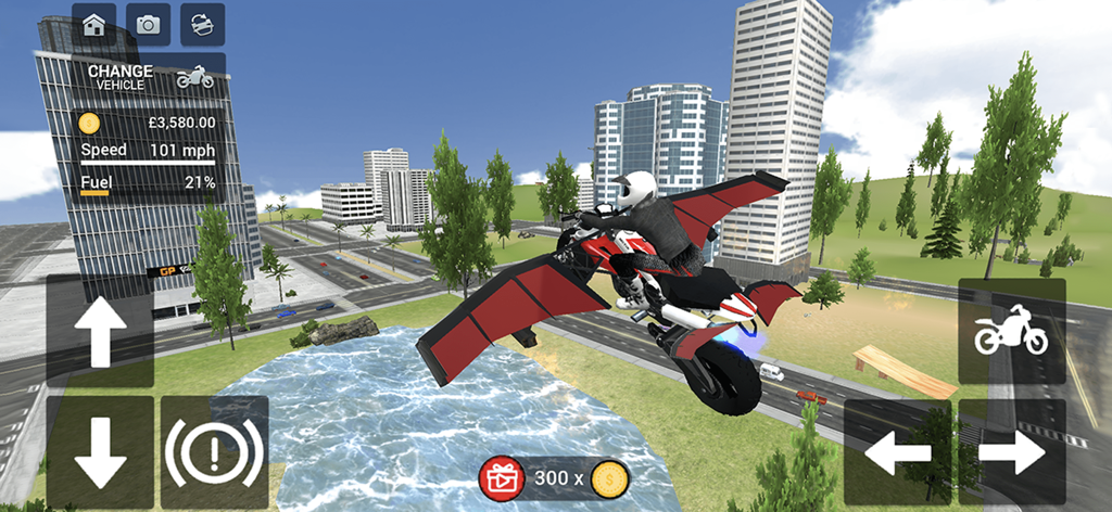 Una moto roja con alas mecánicas volando sobre una ciudad y agua en el juego Simulador de Moto Voladora.