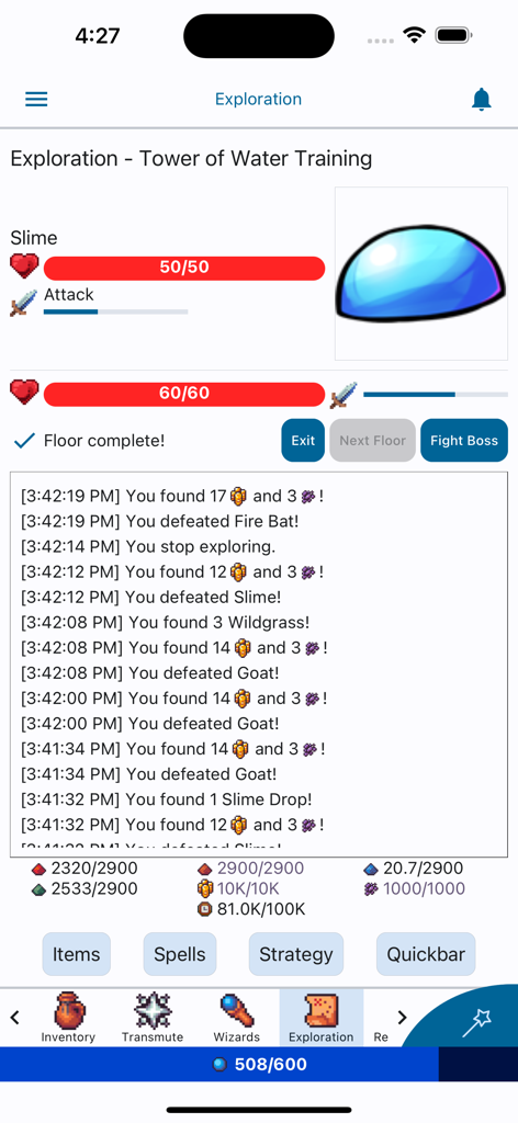 Magic Research 2 - Écran d'exploration dans Magic Research 2 présentant un ennemi slime et un journal de combat textuel