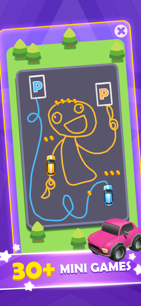 No WiFi -Antistress Relax toys - A mini game screenshot showing cars being guided to parking spots by drawing paths on a screen.
