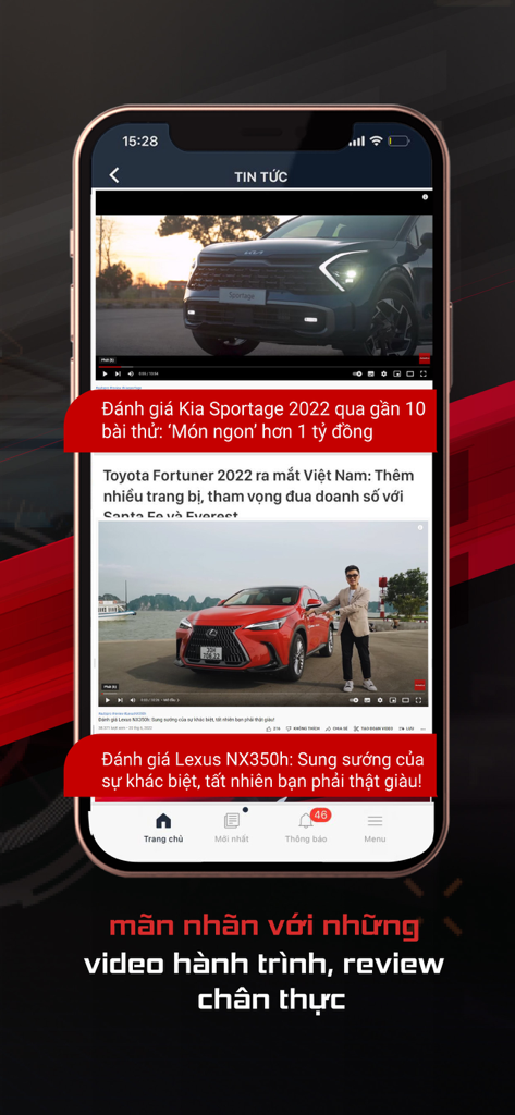 AutoPro - Interfaz de la aplicación AutoPro que muestra videos de reseñas de autos y noticias de automoción en vietnamita