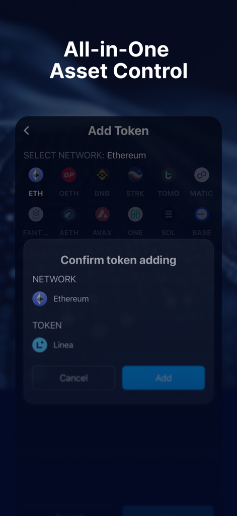 Ethereum Wallet - HB Wallet - HB Wallet app interface showing the process of adding a new token across various blockchain networks.