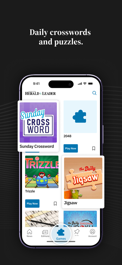 Lexington Herald-Leader News - A screen displaying daily crosswords and puzzles in the Lexington Herald-Leader News app