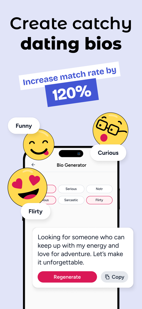 Tizz: Ai Rizz App Pickup Lines - Interface do aplicativo Tizz AI mostrando o Gerador de Bio para criar perfis de namoro cativantes e aumentar as taxas de match.