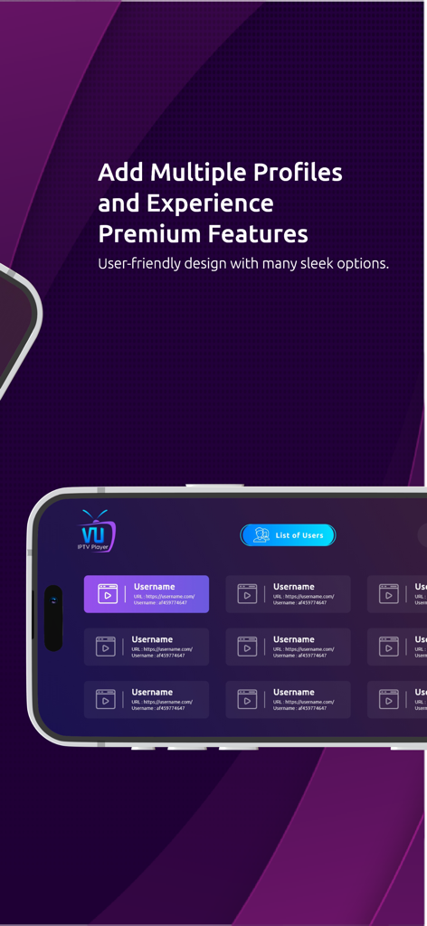 VU IPTV PLAYER app screen showing the multiple user profiles management feature on a smartphone