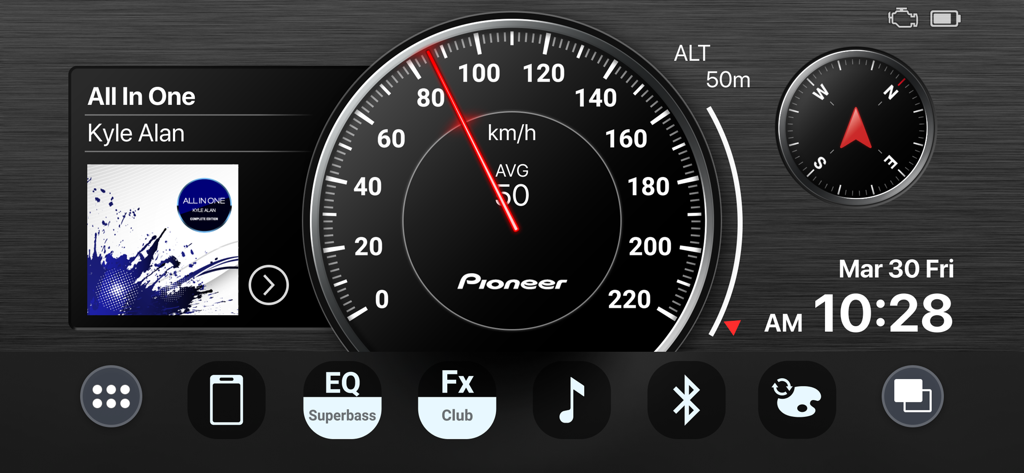 Pioneer Smart Sync app dashboard showing a speedometer, music player, and digital compass