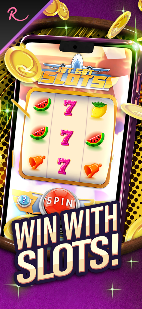 Match To Win: Real Money Games - Gameplay di Jet Set Slots nell'app mobile Match To Win con simboli di frutta e monete d'oro