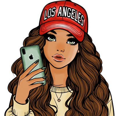 realistic beautiful girl wearing los ángeles cap holding an iphone