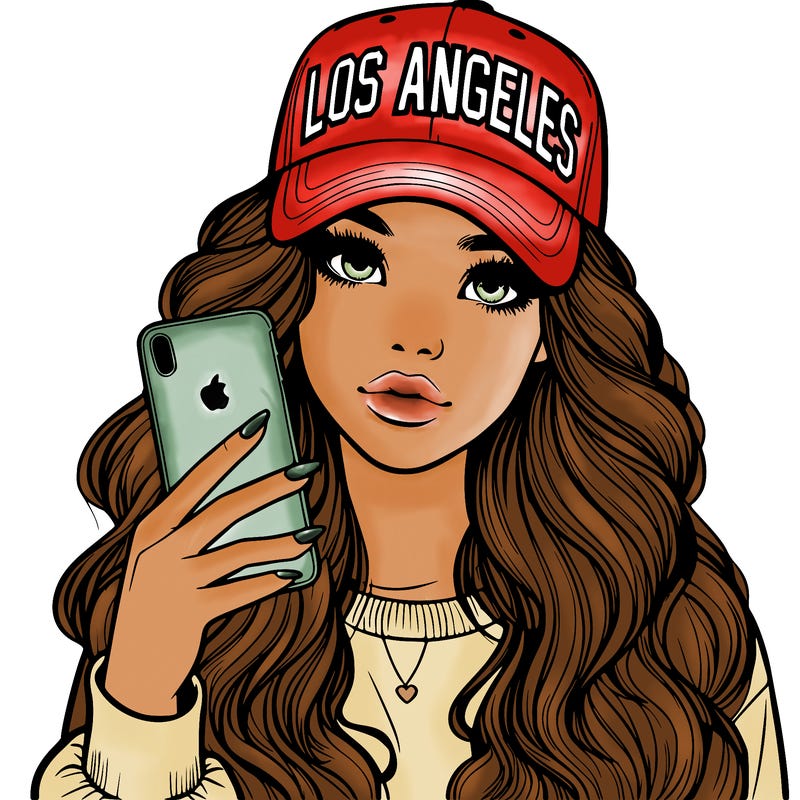 realistic beautiful girl wearing los ángeles cap holding an iphone