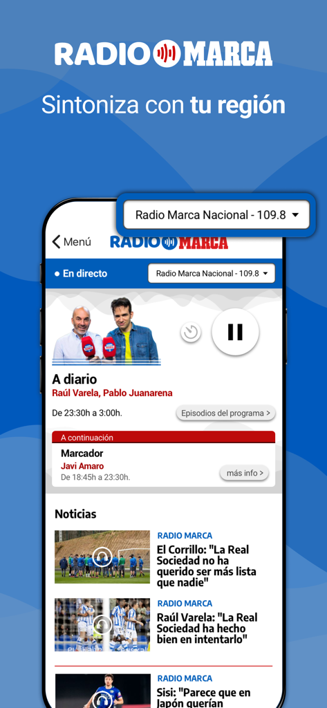 Uma tela de celular mostrando a interface do aplicativo Radio MARCA com um programa esportivo ao vivo e opções para selecionar estações regionais