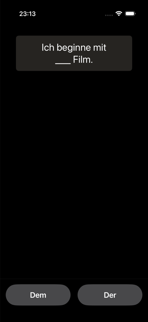 ArtikelMeister - Captura de tela do aplicativo ArtikelMeister mostrando um teste de frase em alemão de preencher a lacuna com duas opções de artigo.