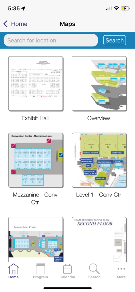ACOG Events - ACOG Events app maps screen showing various floor plans for the conference exhibit hall and convention center levels