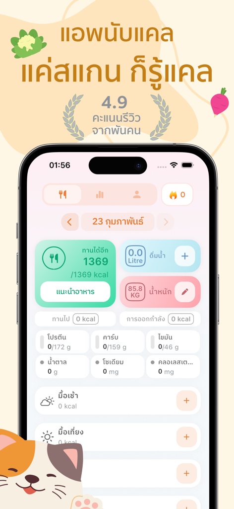 The main dashboard of the Takoh calorie counter app featuring a cute cat theme pastel colors and various health tracking metrics like calories water and weight