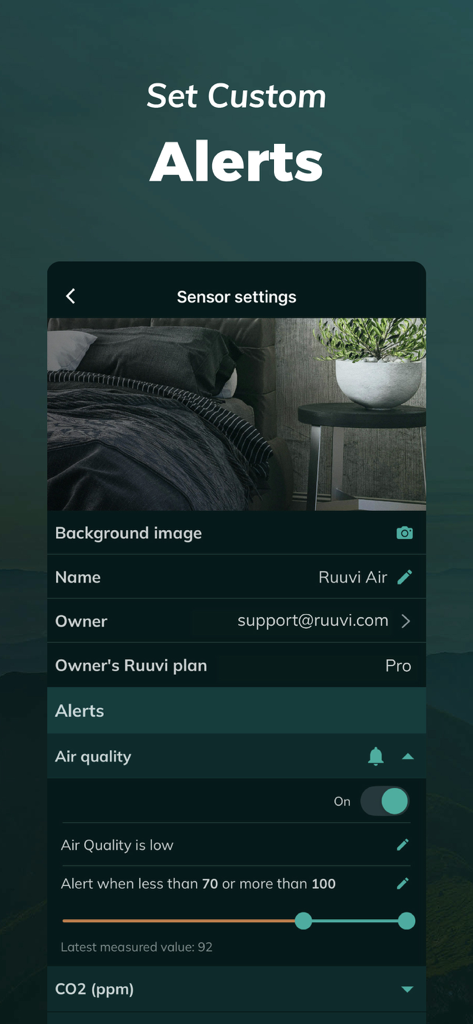 Ruuvi Station app interface for configuring custom sensor alerts and air quality thresholds