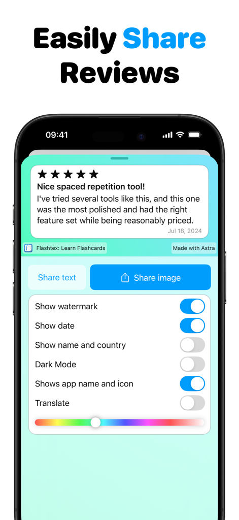 App Reviews & Ratings - Astra - Interfaz de la aplicación Astra mostrando herramientas para personalizar y compartir reseñas de aplicaciones para marketing en redes sociales