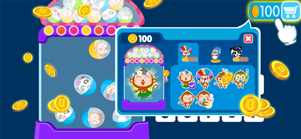 Math Genius-BabyBus - A colorful reward screen in the Math Genius BabyBus app featuring a capsule toy machine and character collectibles