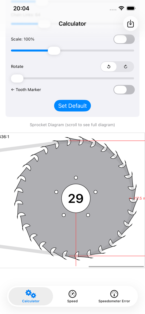 Chain & Sprocket Calculator - Interactive sprocket diagram showing 29 teeth with adjustment controls in the calculator app