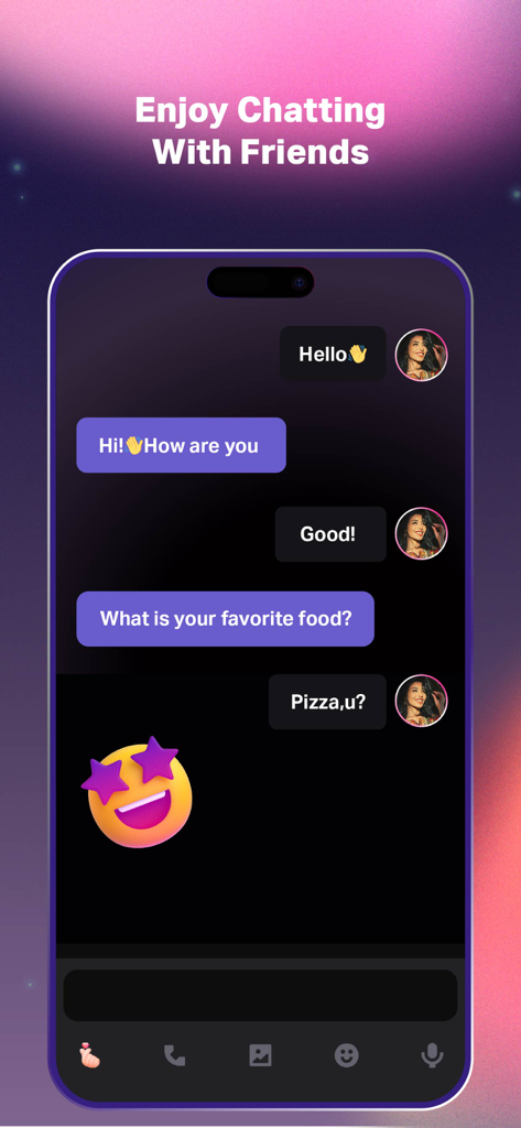 A mobile screen showing the SoulChill app chat interface with text messages and emojis between friends