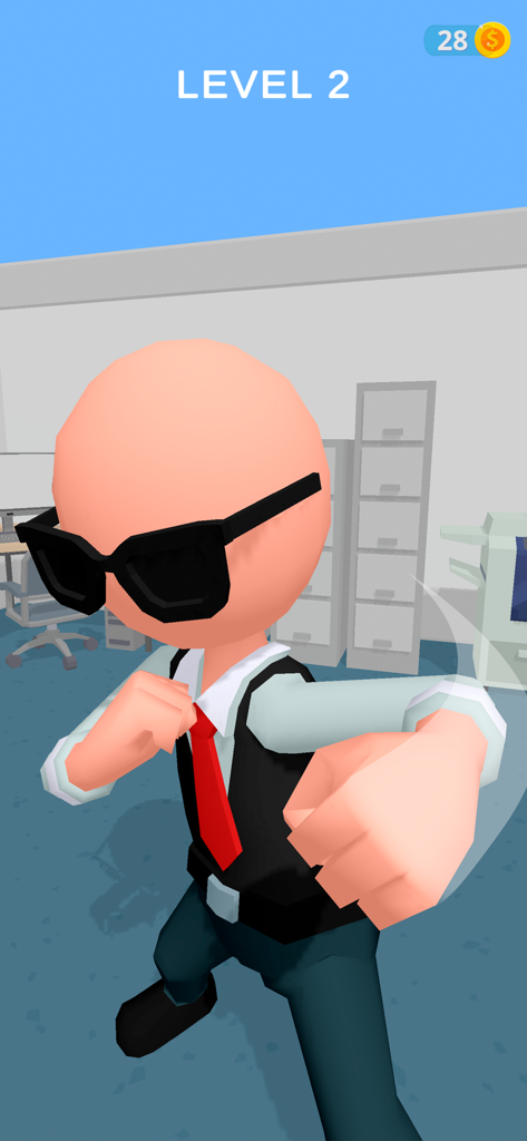 Captura de pantalla del juego de Crazy Office mostrando a un personaje jefe con traje y gafas de sol siendo abofeteado en una oficina.