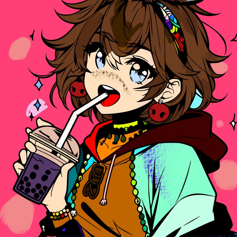 hot baddie anime girl drinking boba and biting the straw