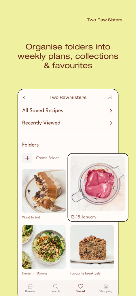 Two Raw Sisters Recipes - Two Raw Sisters app screen showing recipe folders and meal planning collections