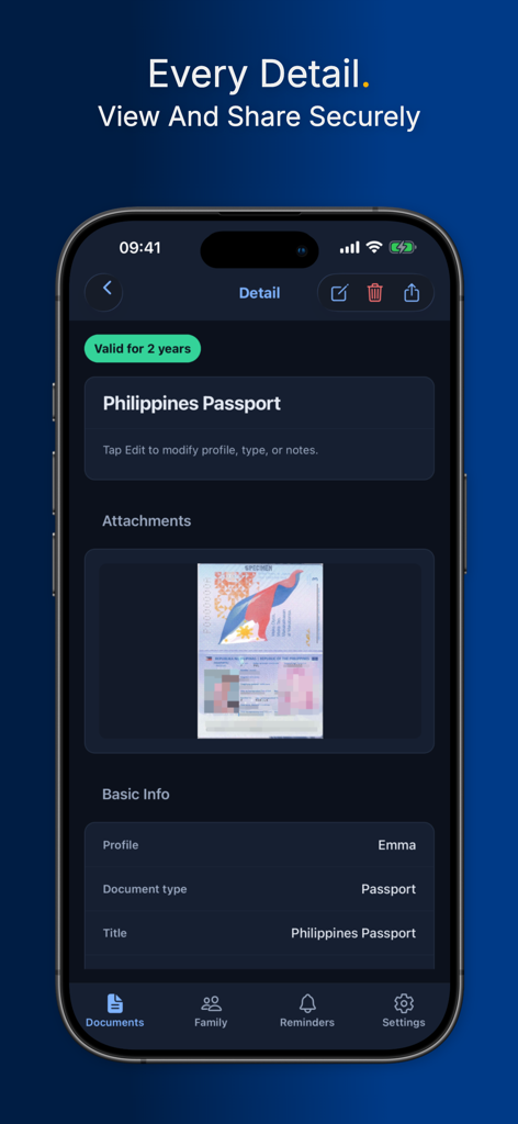 Interfaccia dell'app mobile che mostra un passaporto filippino archiviato con un badge di stato di validità e dettagli del profilo per la gestione dei documenti familiari.
