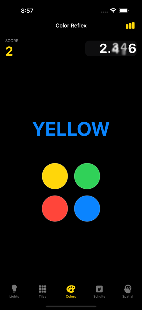 Reaction Time: Reflex Test - Screenshot of the Color Reflex game mode showing a color matching task with a score and timer