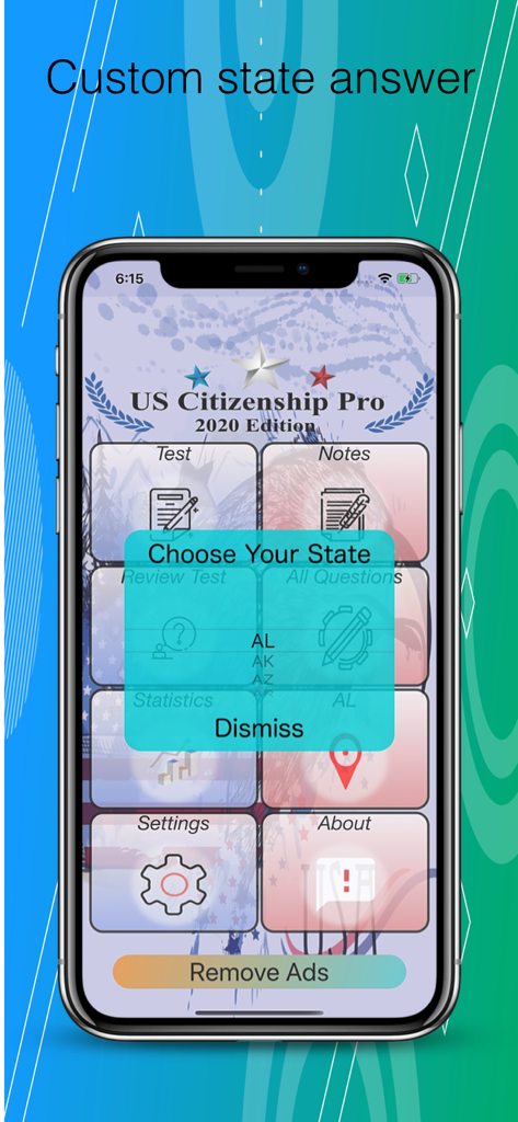 USA Citizenship Test 2026 - USA Citizenship Testアプリのインターフェースで、カスタム学習問題のために州を選択するポップアップメニューを表示。
