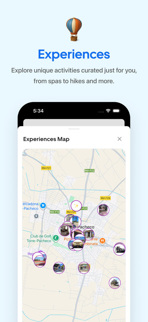 Travy app screen displaying a map with curated local experiences and travel activities