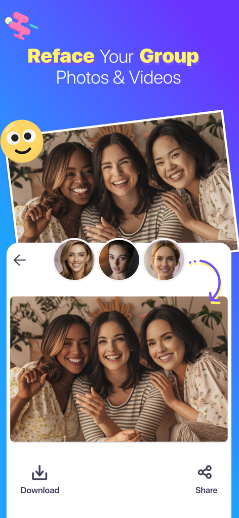 FaceX: Video & Photo Face Swap - Interface of the FaceX app showing a before and after group photo face swap with download and share buttons.