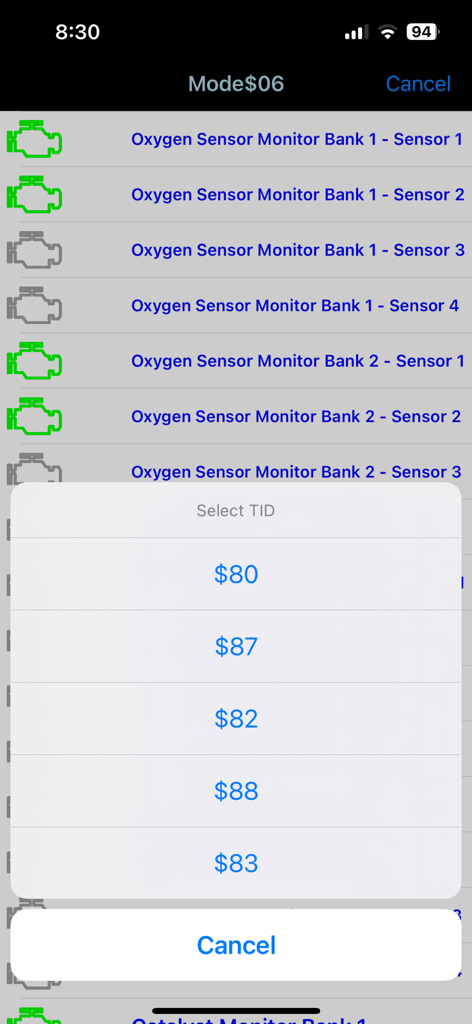 LELink Scanner - LELink Scanner app displaying Mode 6 oxygen sensor monitor data and Test ID selection.