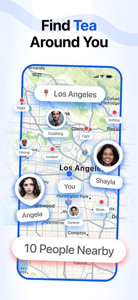 Interfaccia di un'app mobile che mostra una mappa di Los Angeles con profili e tag comportamentali intitolata Trova il tè intorno a te