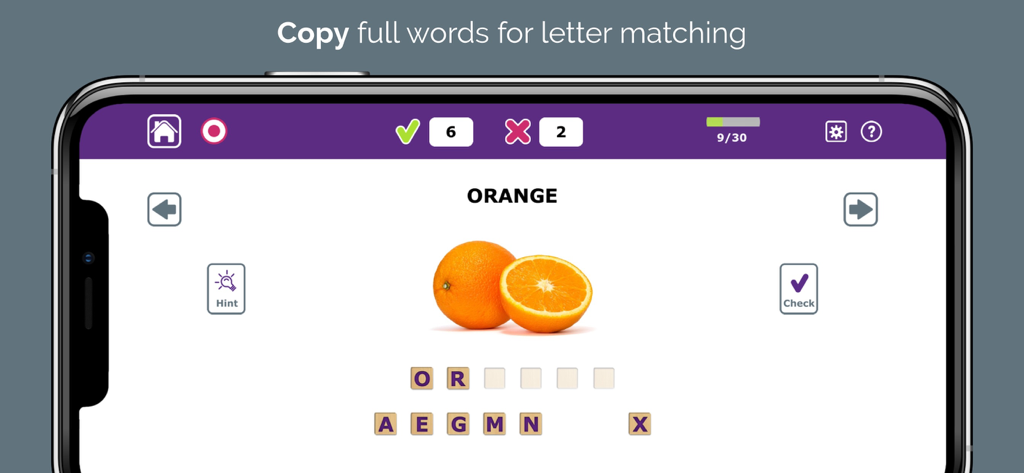 Writing Therapy - Writing Therapy app spelling exercise featuring a real photograph of an orange and letter tiles for letter matching