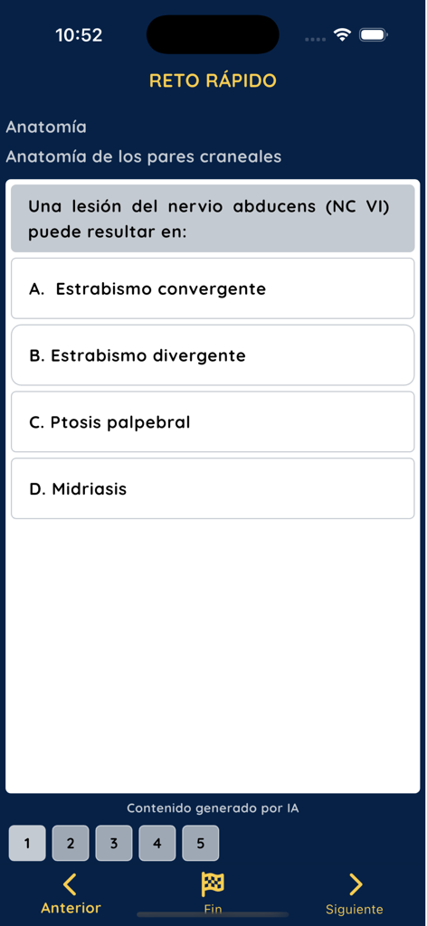 RetoMedico - Interfaz de la aplicación RetoMedico mostrando una pregunta de cuestionario de anatomía generada por IA.